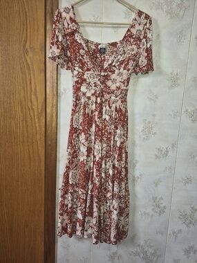 Bohemian Rust Floral Maxi Dress with Scoop Neck